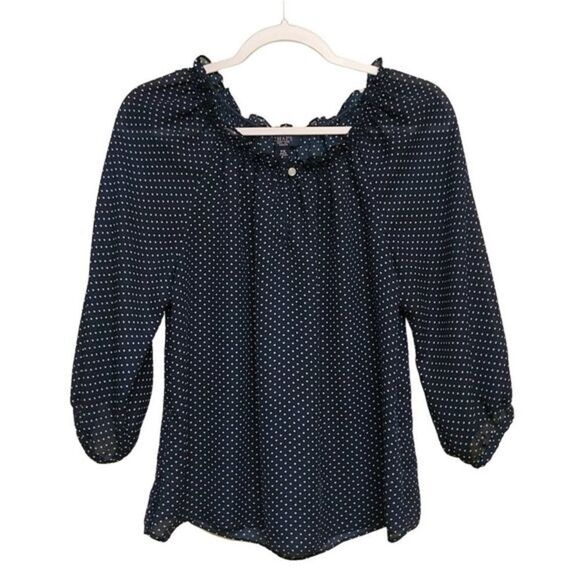 Chaps chiffon Off Shoulder Polka Dot Key Hole Blouse Top Navy 2X - Picture 1 of 9